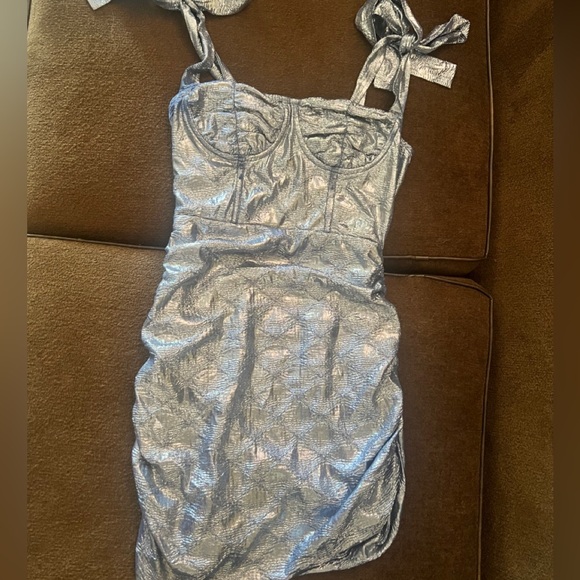 Lioness Silver Ruched Tie Front Mini Dress - Picture 1 of 6